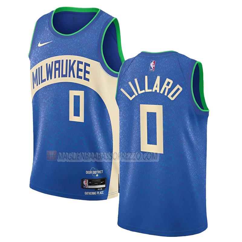 maglia damian lillard milwaukee bucks di 0 uomo city edition 2023-24 blu